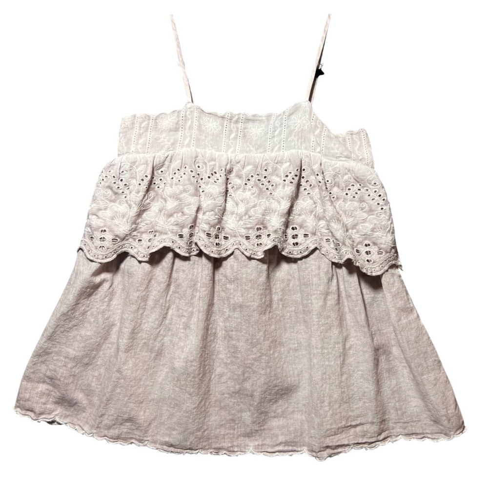 POL Boho Eyelet Embroidered Babydoll Cami Top Pink Ruffle Cotton Lace S